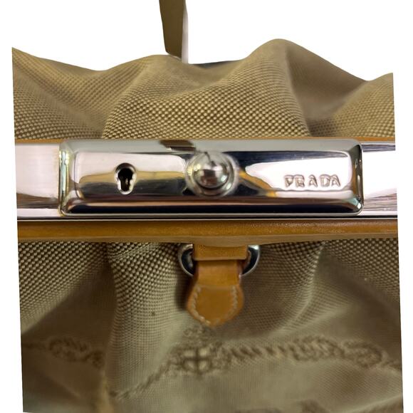 Prada Canapa Jacquard Canvas & Leather Frame Satchel Tote Bag Brown Tan Vintage - Picture 7 of 16